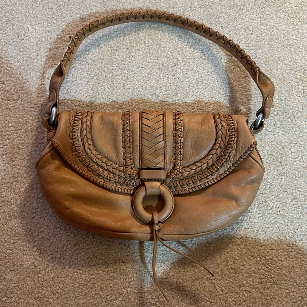 Banana Republic Shoulder Bag Tan Leather Woven Trip Magnetic Close
